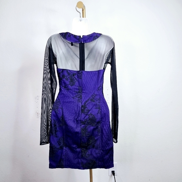 BCBGMaxAzria Mini Dress Mesh Long Sleeves Cut Outs Persian Blue Black - Picture 4 of 7